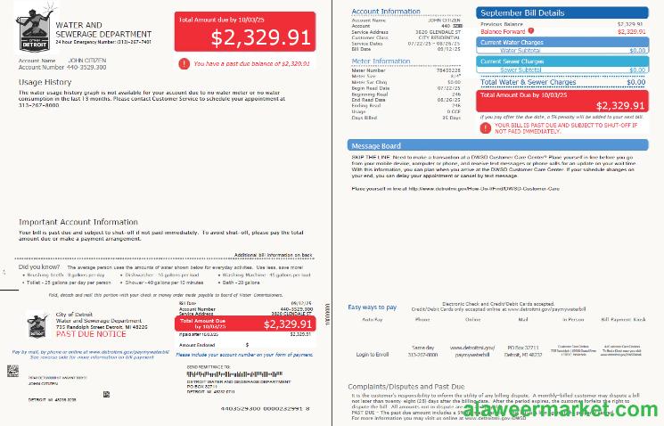 USA Glendale Water and Sewerage Department utility bill template in Word and PDF formats, 2 pages